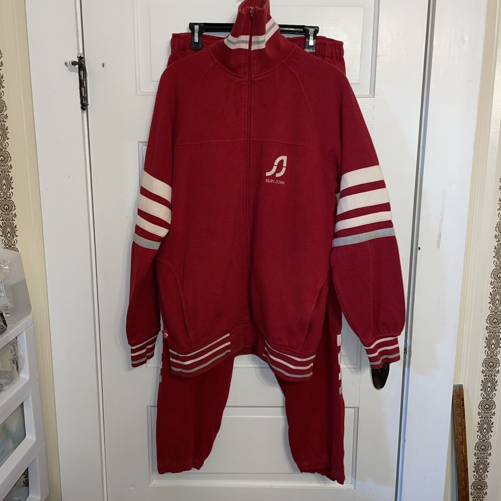 Vintage Streetwear Hip Hop Sean John Red and White Sweatsuit Zippered Jacket